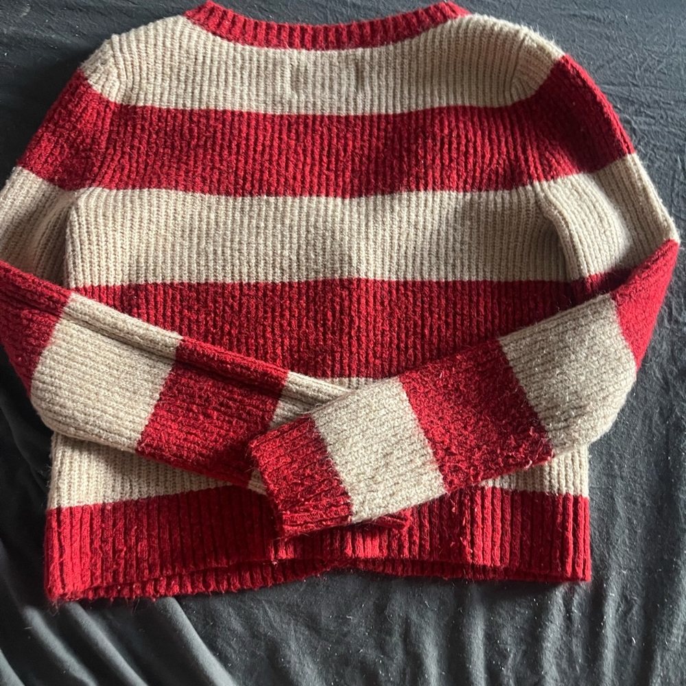 American Eagle Sweaters | Cream Striped V Neck Cardigan | Color: Cream/Red - Picture 2 of 3